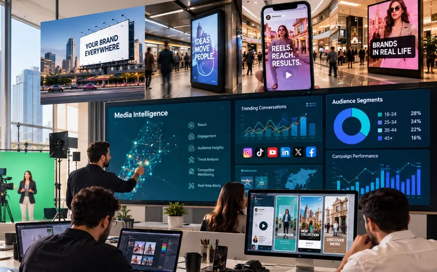 LCG media intelligence studio with live dashboards and campaign screens
