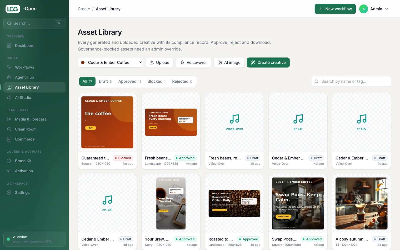 LCG Open asset library with on-brand creatives and voice-overs in three languages