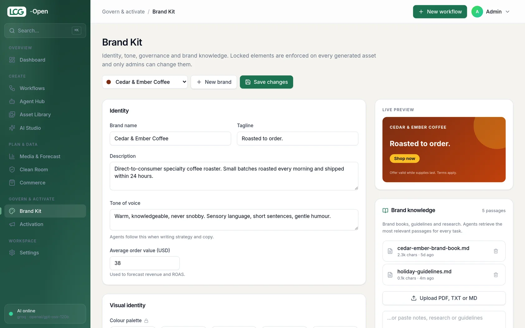 LCG Open brand kit with identity, tone of voice, and live creative preview
