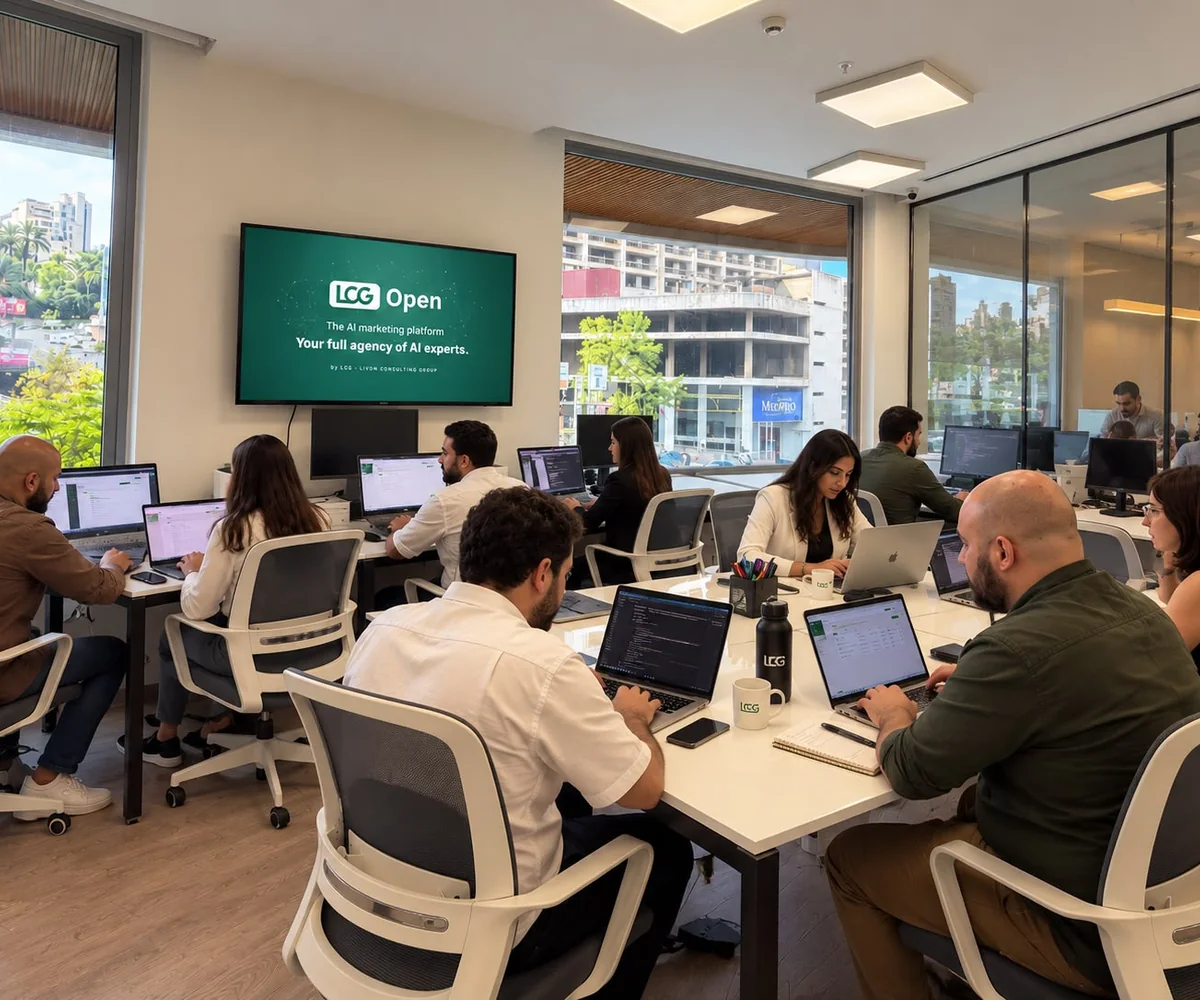 The LCG team in the office, working with LCG Open on the big screen